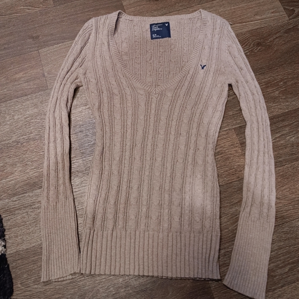 Y2k American Eagle Outfitters Women's Beige V-Neck Sweater - Picture 4 of 4